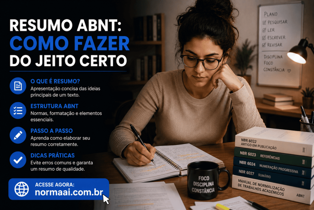 Resumo abnt: veja como fazer, tamanho correto, estrutura, exemplo pronto, palavras-chave, erros comuns e checklist final.