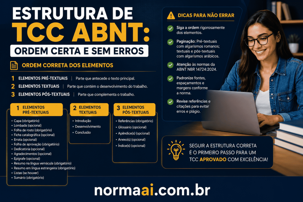 Estrutura de TCC ABNT com ordem certa, modelo de capítulos, erros comuns e checklist para revisar antes da banca.