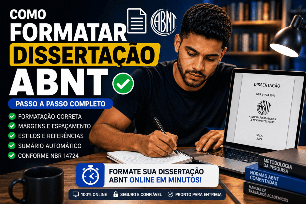 Guia prático de formatar dissertação ABNT online para ganhar tempo, evitar erros manuais e revisar antes da entrega.