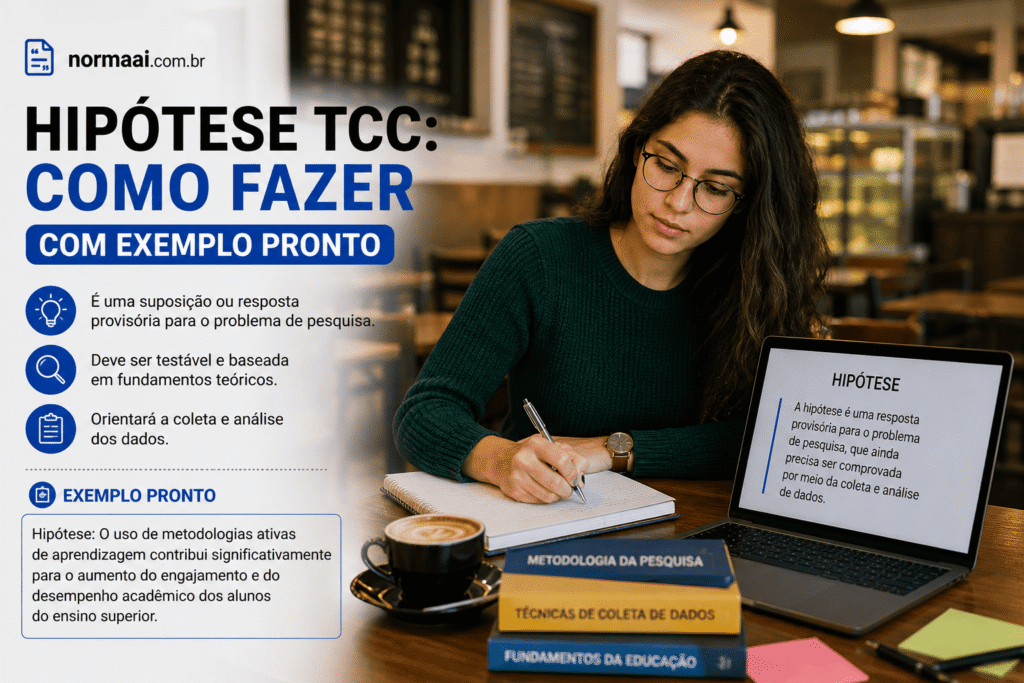 Guia prático de hipótese tcc com estrutura certa, exemplo pronto, frases úteis, erros comuns e checklist final.