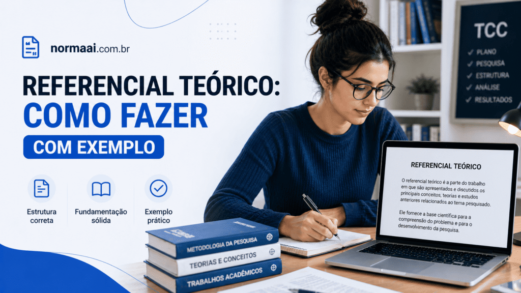 Guia prático de referencial teórico com estrutura certa, exemplo pronto, frases úteis, erros comuns e checklist final.