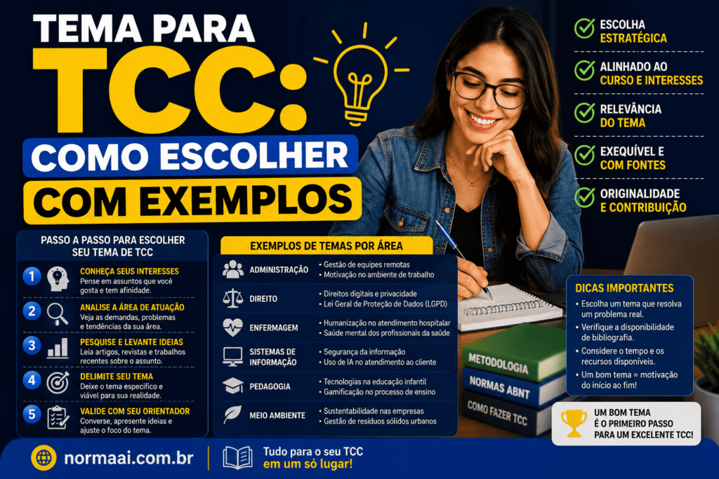 Guia prático de tema para tcc com passo a passo, exemplos por área, critérios de escolha, erros comuns e checklist final.