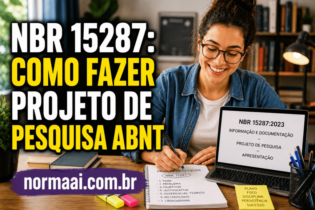 A base técnica é a ABNT NBR 15287:2025, norma voltada aos princípios gerais para elaboração de projetos de pesquisa; a PUCRS também registrou a atualização da norma em 2025 para projetos de pesquisa.