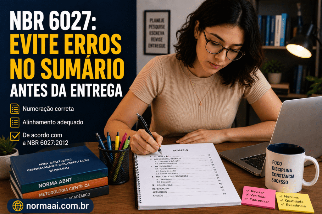 Veja como usar a NBR 6027 para montar o sumário ABNT, revisar títulos, páginas, alinhamento e evitar retrabalho no Word.