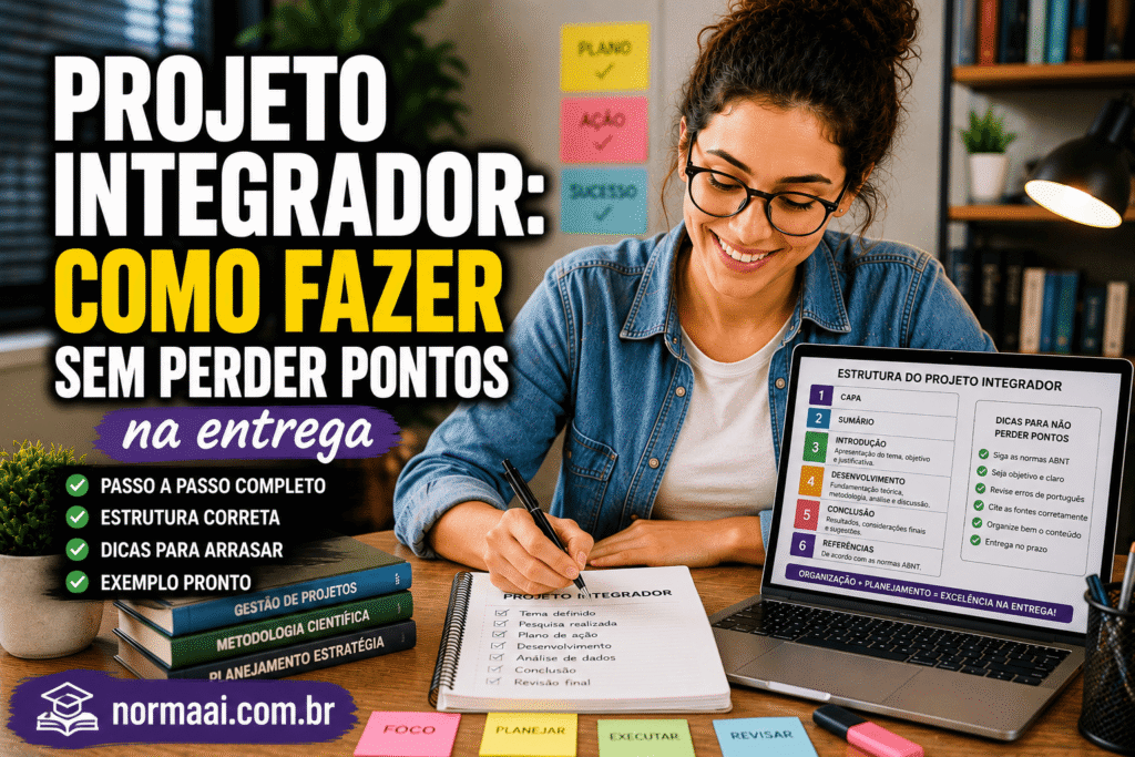 Base técnica: manuais institucionais tratam o Projeto Integrador como componente/disciplina voltado a integrar conhecimentos do curso e aproximar teoria, prática e situações profissionais; além disso, a apresentação formal do trabalho deve seguir o padrão exigido pela instituição e, quando aplicável, a ABNT NBR 14724 para trabalhos acadêmicos.