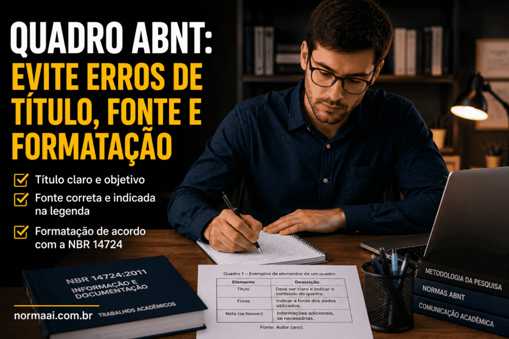 Quadro ABNT: veja como formatar título, fonte e chamada no texto para evitar retrabalho antes da entrega.